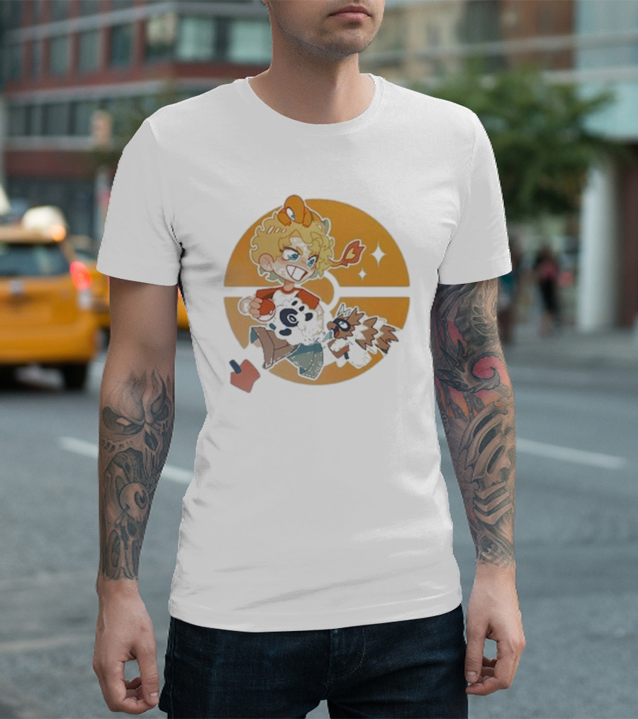 Snifferish Pokemon 2024 Trainer with Squirtle and Rockruff Characters on Orange Pokeball Background T-Shirt
