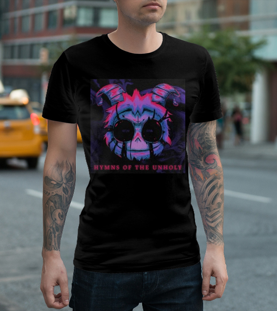 Hymns Of The Unholy Skull Demonic Neon Skull Art with Horns T-Shirt