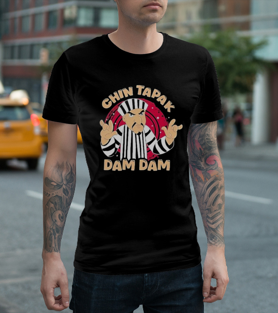 Chin Tapak Dam Dam Cartoon Villain with Stripes and Stars T-Shirt