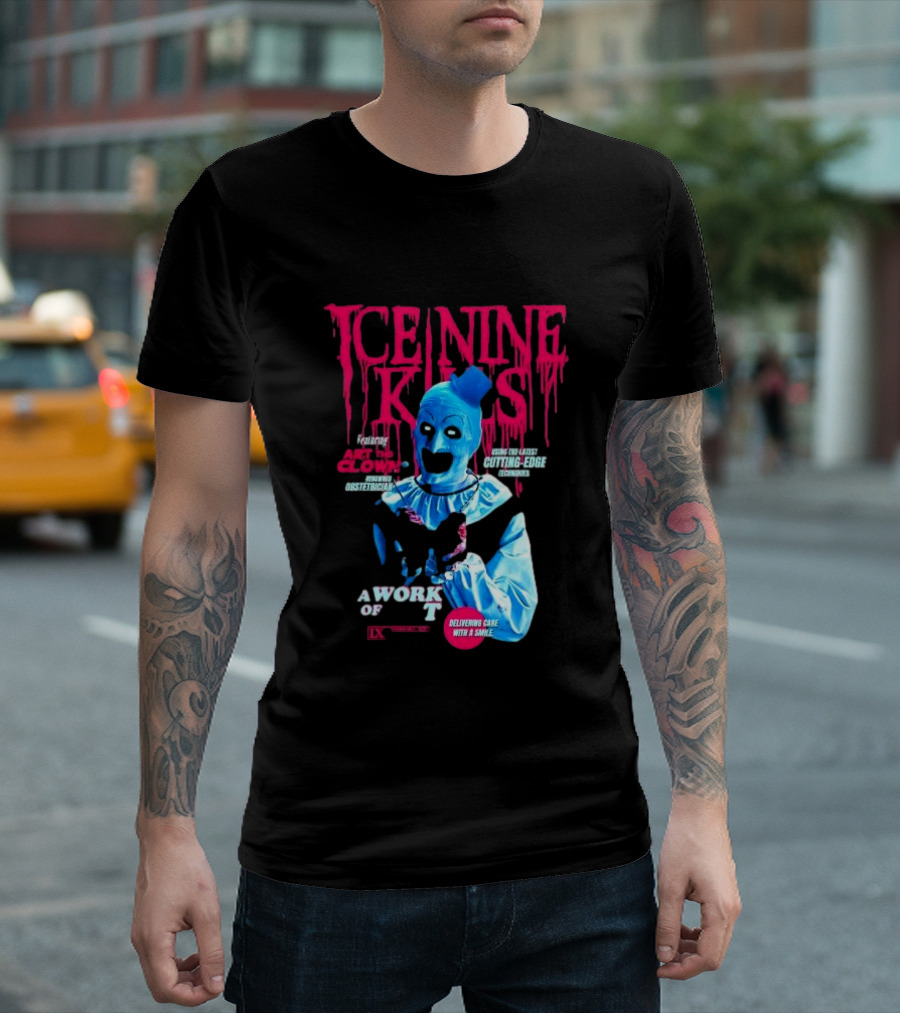Ice Nine Kills Featuring Art the Clown Cutting Edge a Work of T IX Delivering Cake with a Smile T-Shirt