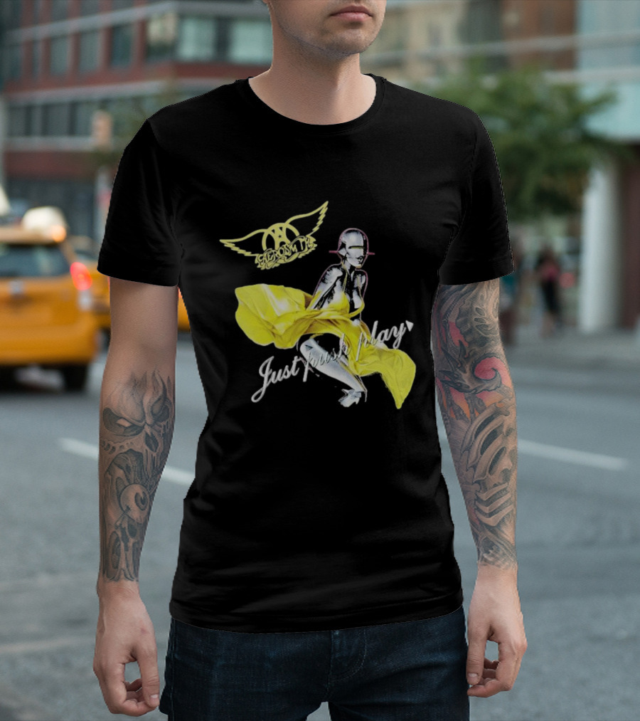 Aerosmith Just Push Play Logo with Futuristic Figure and Yellow Dress T-Shirt