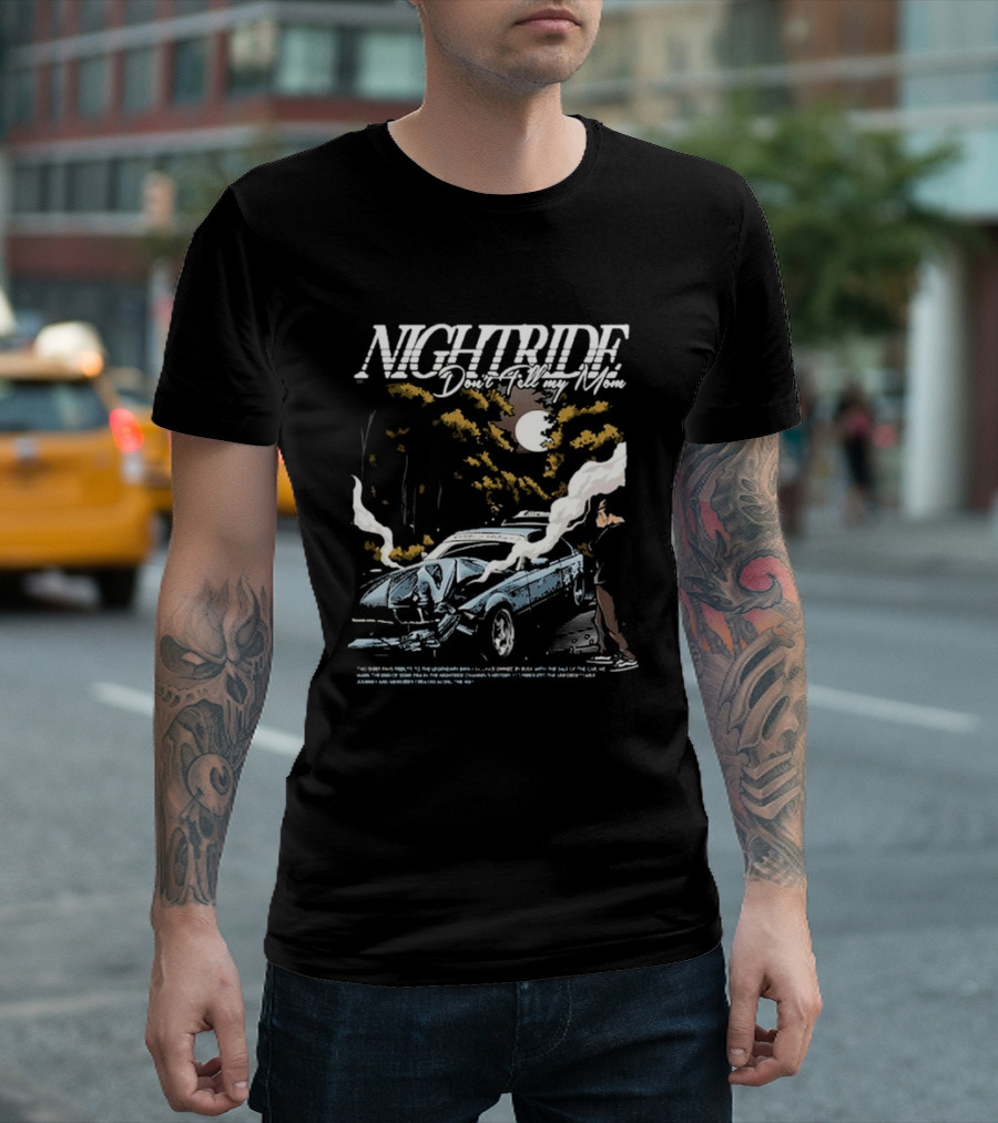 Nightride Don't Tell My Mom Night Car Crash Scene with Full Moon and Trees T-Shirt
