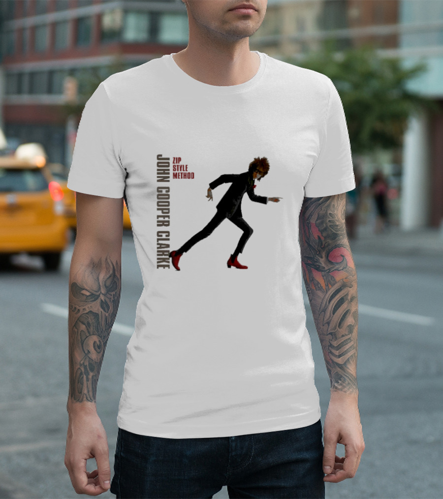 John Cooper Clarke Zip Style Method Dynamic Pose In Red Boots T-Shirt