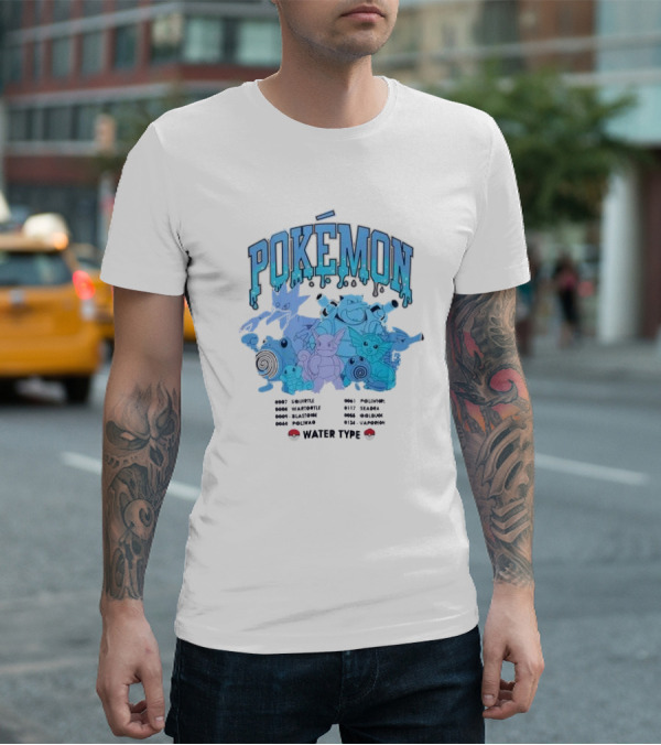 POKEMON Water Type Squirtle Wartortle Blastoise Poliwag Psyduck Golduck Poliwhirl Seadra Vaporeon T-Shirt