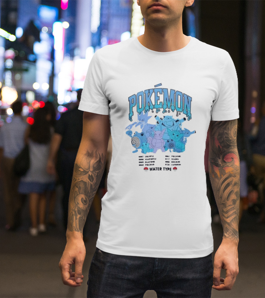 POKEMON Water Type Squirtle Wartortle Blastoise Poliwag Psyduck Golduck Poliwhirl Seadra Vaporeon T-Shirt