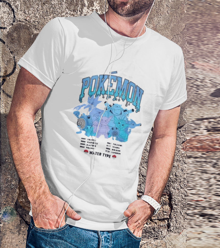 POKEMON Water Type Squirtle Wartortle Blastoise Poliwag Psyduck Golduck Poliwhirl Seadra Vaporeon T-Shirt