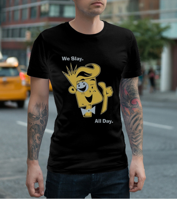 We Slay All Day Fgteev Shiny Yellow Character With Smile And Bow Tie T-Shirt