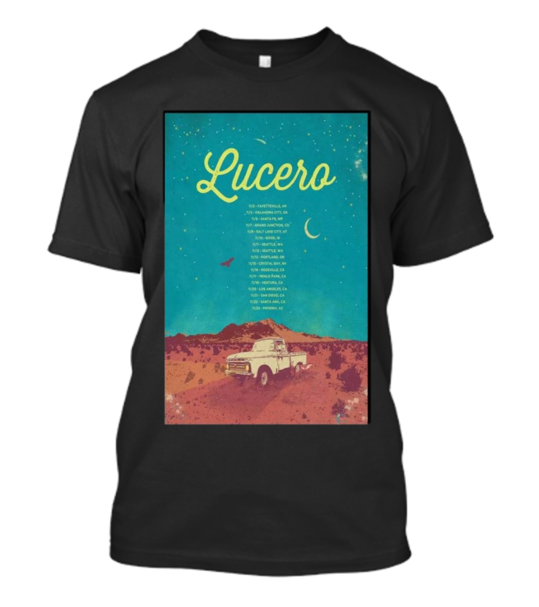 Lucero 2024 November Tour Schedule With Vintage Truck And Starry Desert Sky T-Shirt