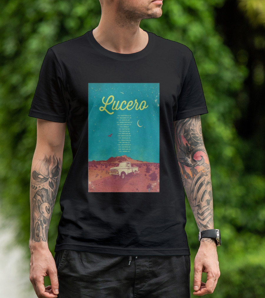 Lucero 2024 November Tour Schedule With Vintage Truck And Starry Desert Sky T-Shirt