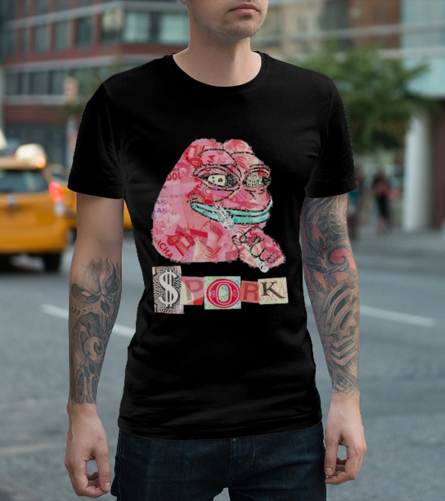 Pauly Spork Frog with Collage Pattern and Iconic Symbolism T-Shirt