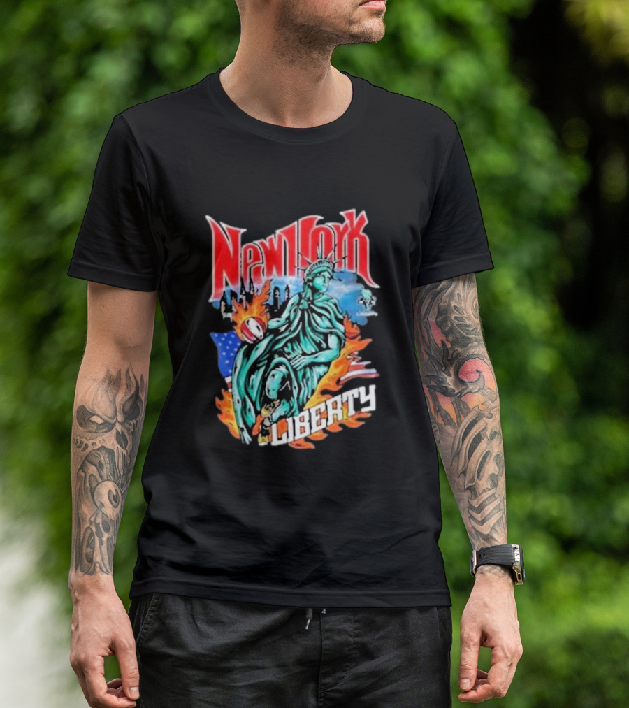 New York Liberty Statue Of Liberty With Flames And American Flag Basketball T-Shirt