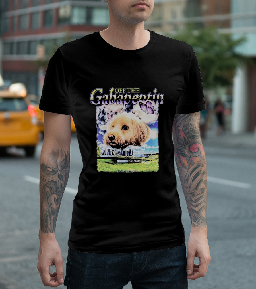 Off The Gabapentin Dog Floating Above Clouds And Stonehenge With Butterflies T-Shirt