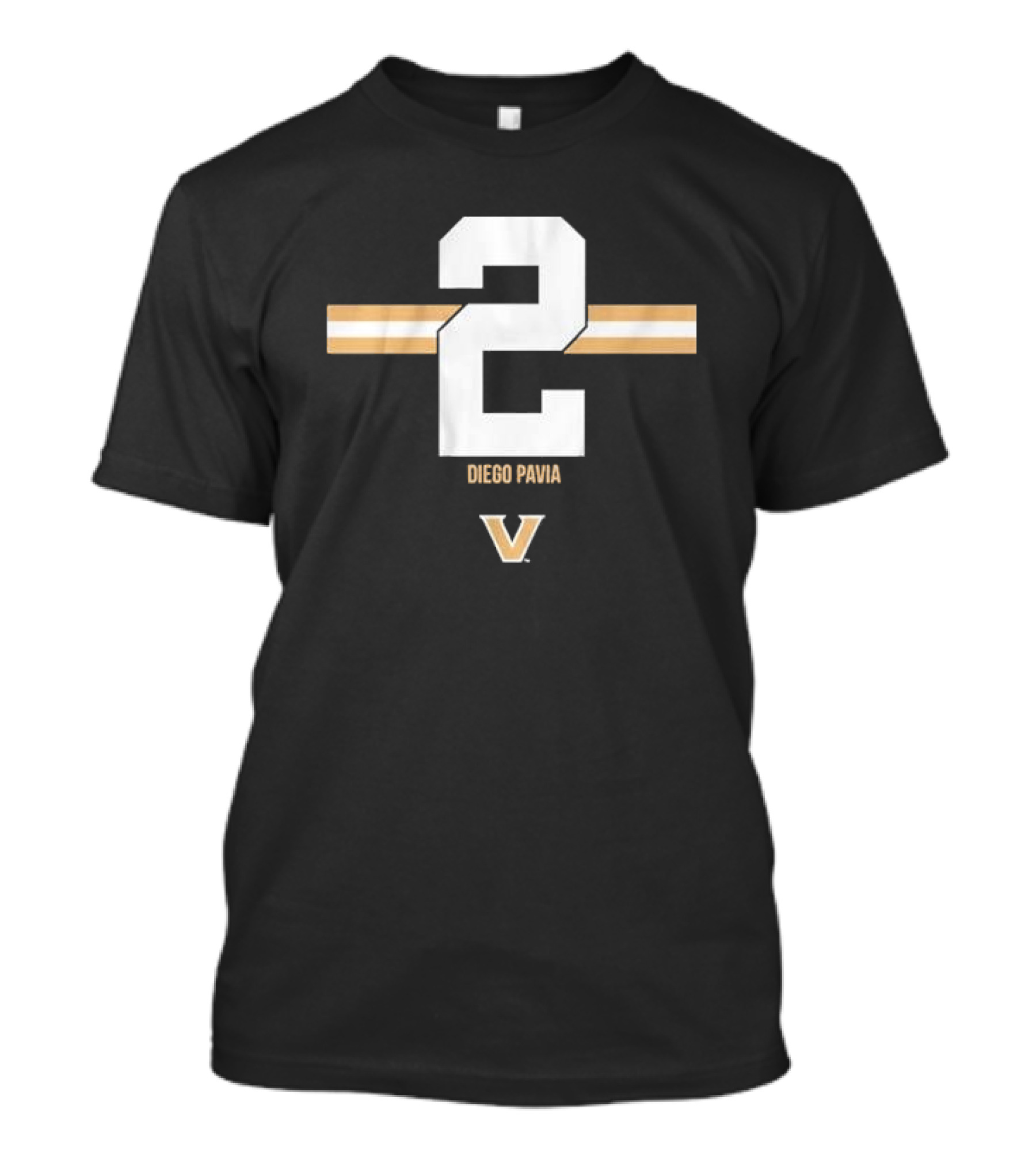 Vanderbilt Football Diego Pavia Number 2 Gold Stripe V T-Shirt