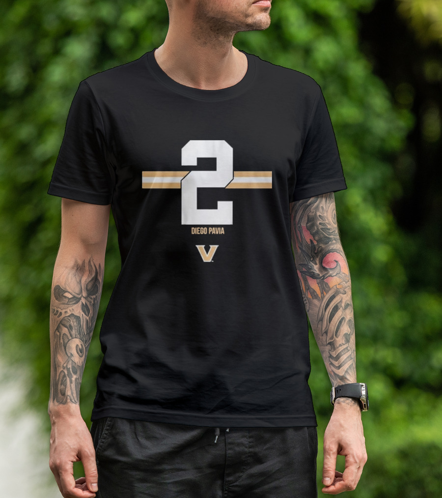 Vanderbilt Football Diego Pavia Number 2 Gold Stripe V T-Shirt