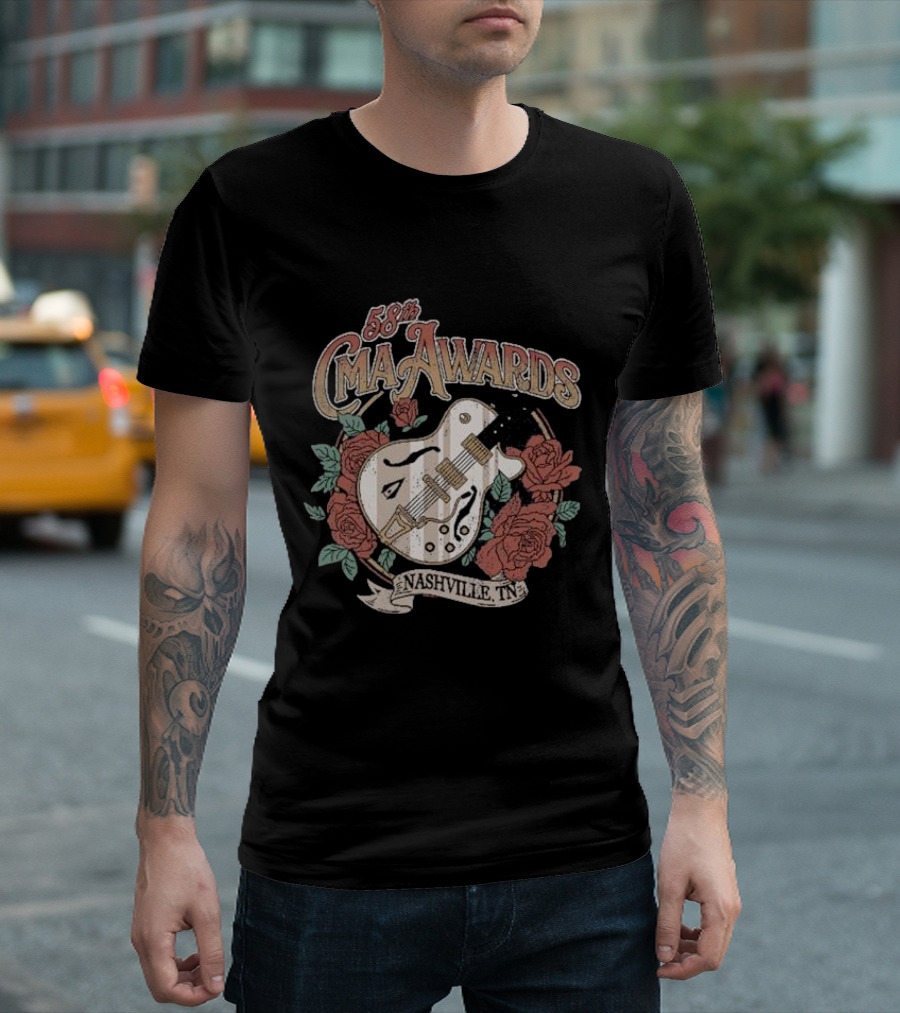 58th CMA Awards Nashville TN Guitar and Roses T-Shirt