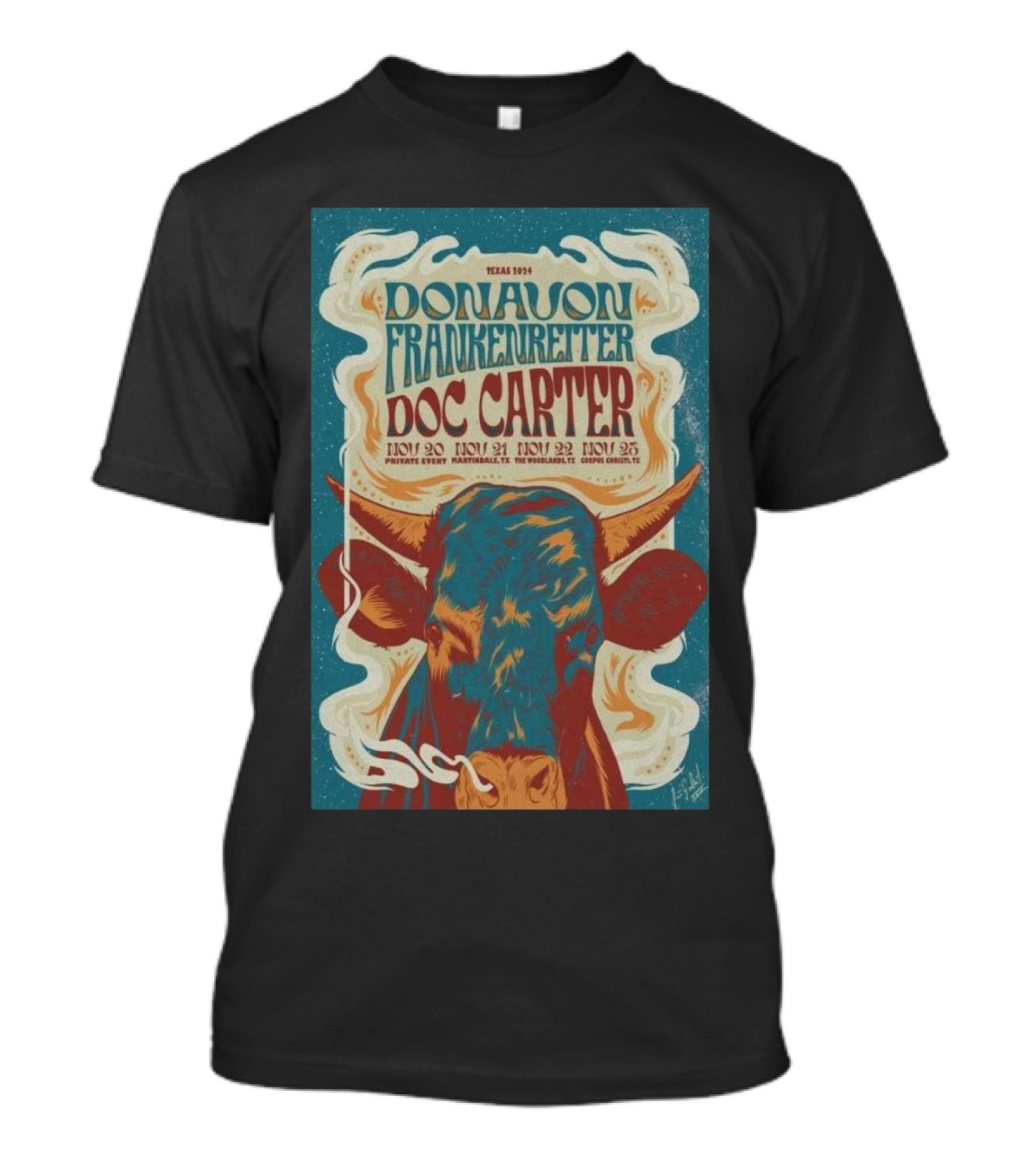 Texas 2024 Donavon Frankenreiter Doc Carter Tour Nov 20-23 Poster Art With Bull T-Shirt