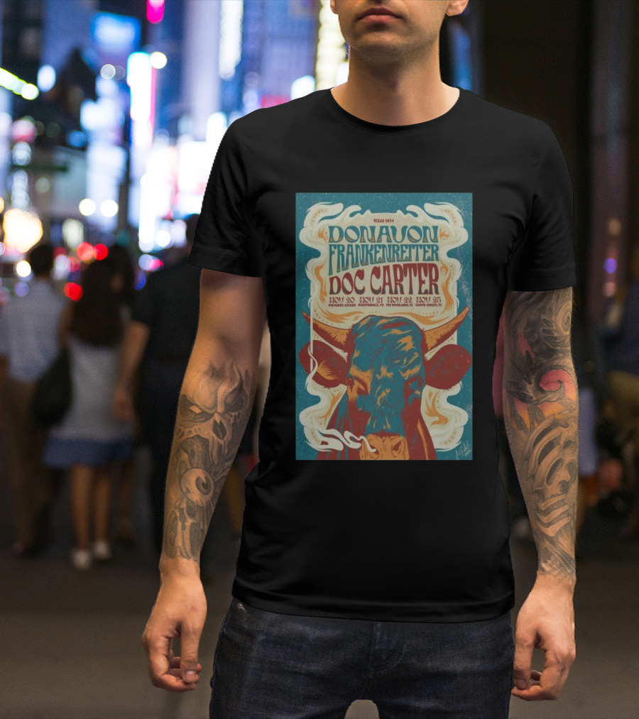 Texas 2024 Donavon Frankenreiter Doc Carter Tour Nov 20-23 Poster Art With Bull T-Shirt