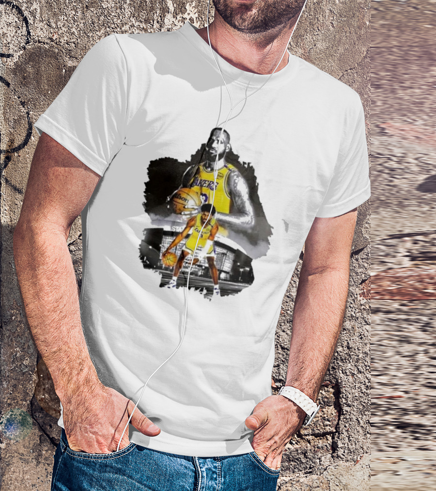 Lebron James Lakers Basketball Star In Action With Los Angeles Stadium Background T-Shirt