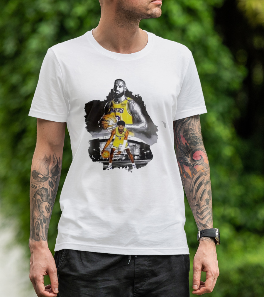 Lebron James Lakers Basketball Star In Action With Los Angeles Stadium Background T-Shirt