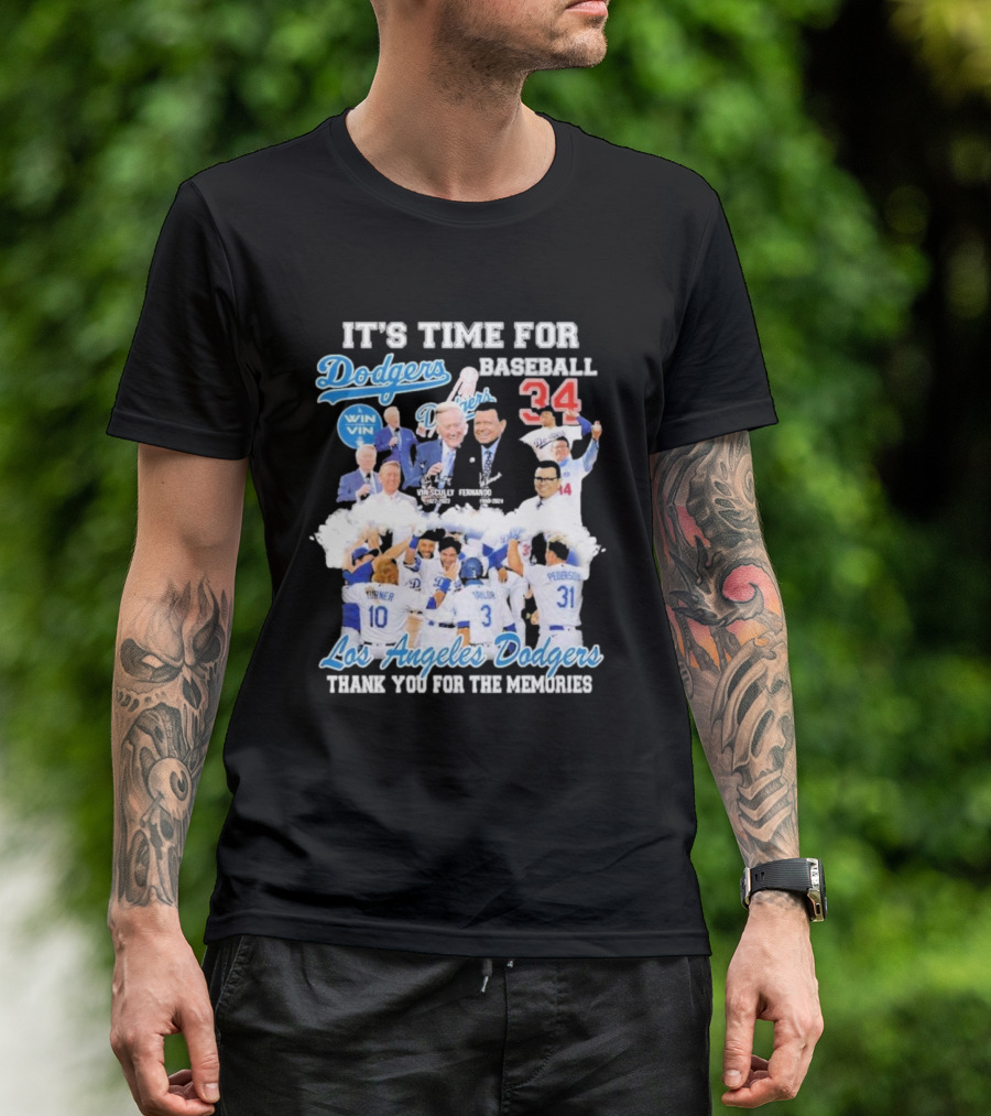 IT'S TIME FOR BASEBALL LOS ANGELES DODGERS VIN SCULLY FERNANDO VALENZUELA 34 THANK YOU FOR THE MEMORIES T-Shirt