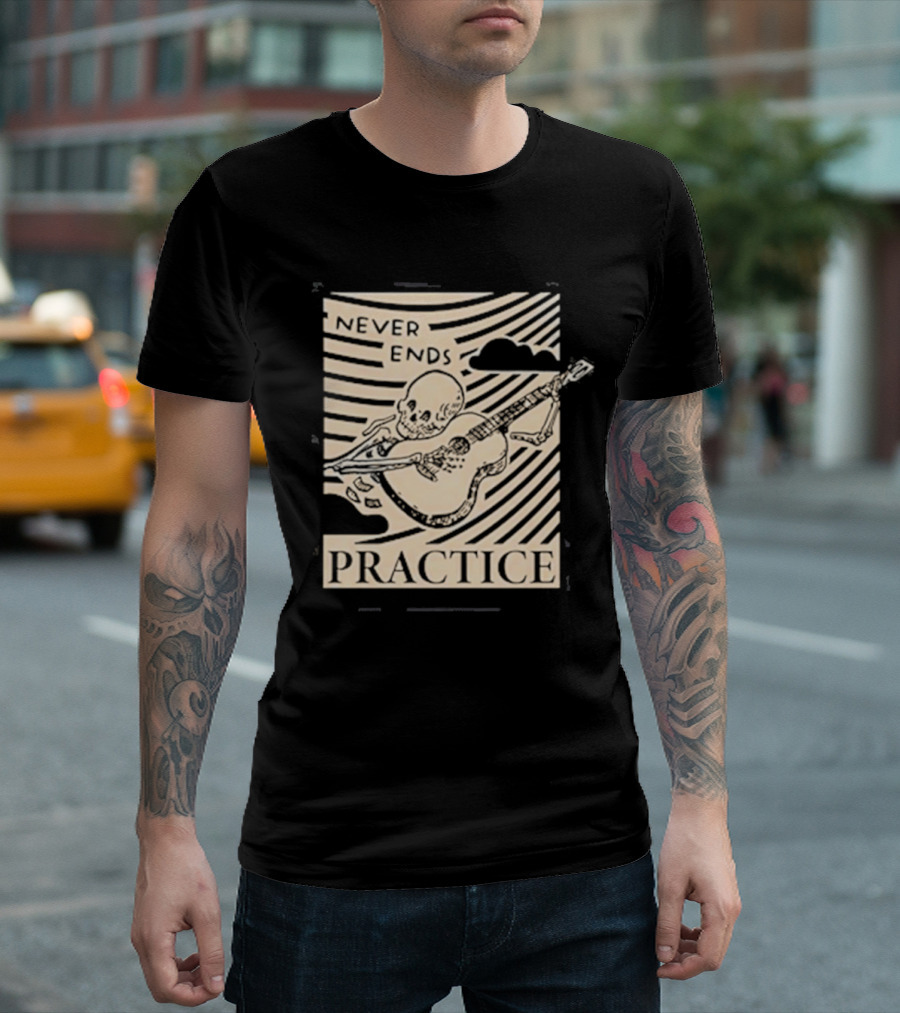 Never Ends Practice Skeleton Guitar Clouds T-Shirt