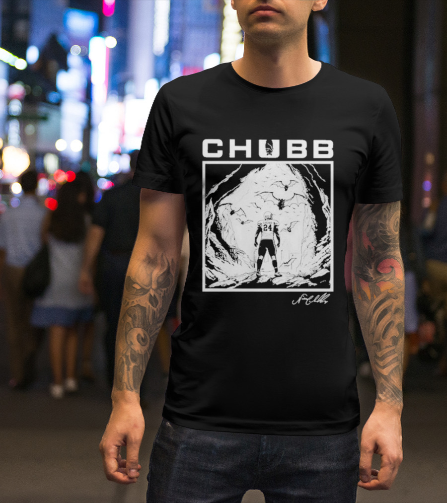 Chubb 24 Cleveland Football Bat Cave Fantasy Scene T-Shirt