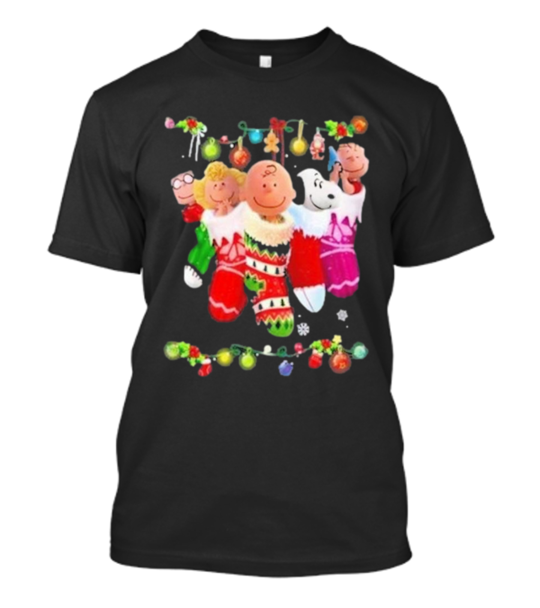 Snoopy Charlie And Friends In Festive Christmas Stockings With Holiday Lights T-Shirt