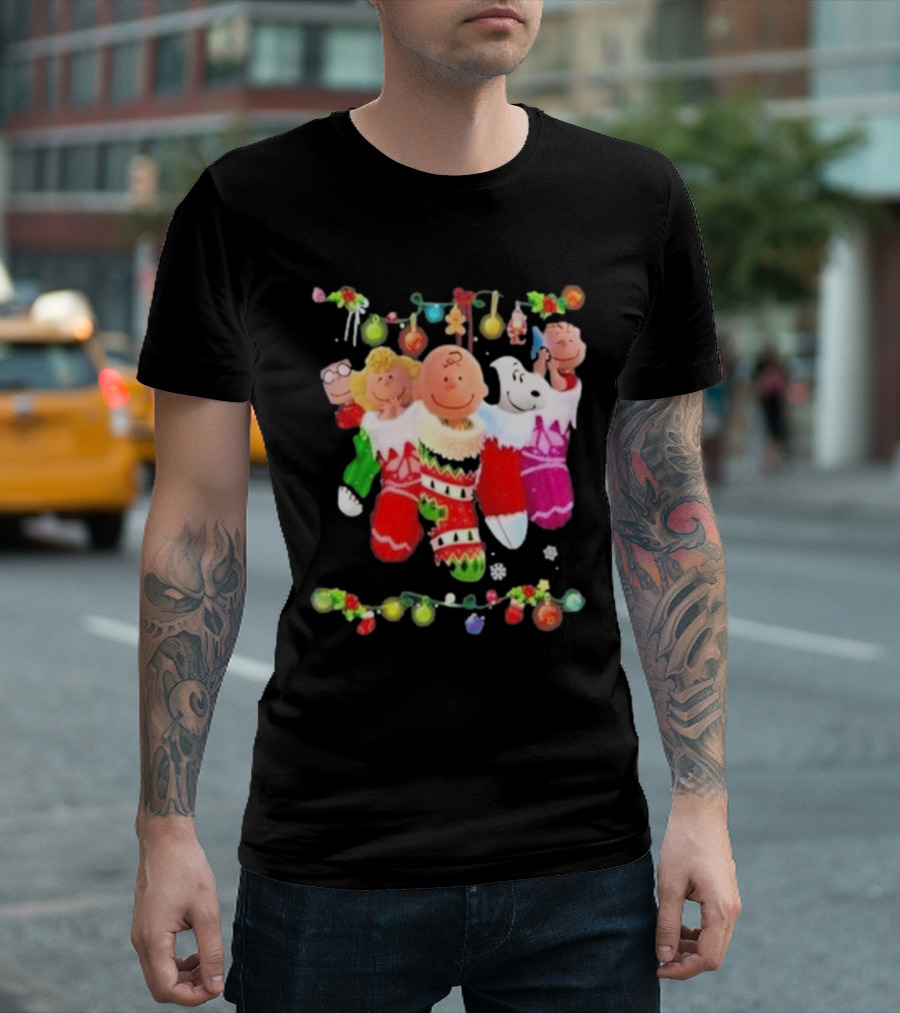 Snoopy Charlie And Friends In Festive Christmas Stockings With Holiday Lights T-Shirt