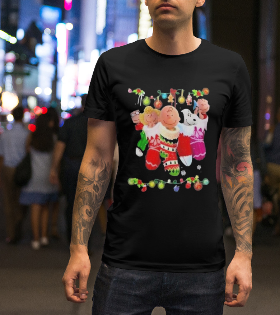 Snoopy Charlie And Friends In Festive Christmas Stockings With Holiday Lights T-Shirt