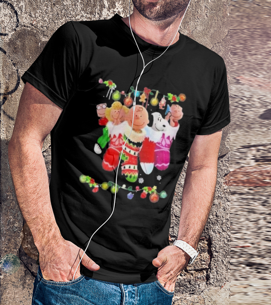 Snoopy Charlie And Friends In Festive Christmas Stockings With Holiday Lights T-Shirt