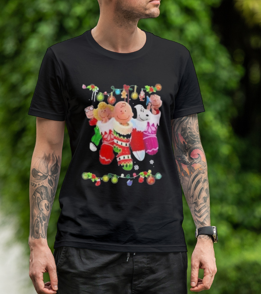 Snoopy Charlie And Friends In Festive Christmas Stockings With Holiday Lights T-Shirt