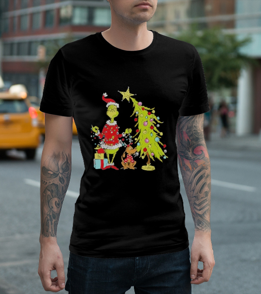 Grinch Christmas Tree with Santa Hat and Max by Presents T-Shirt