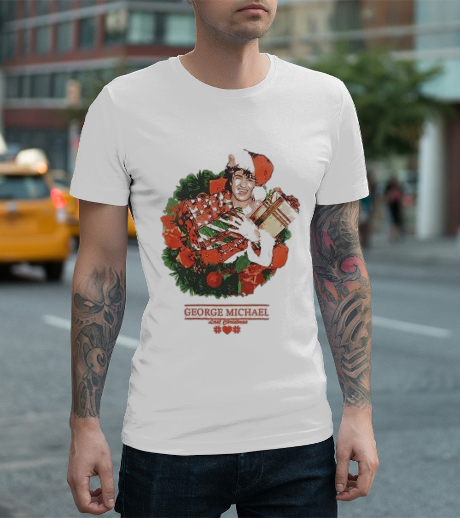GEORGE MICHAEL LAST CHRISTMAS SANTA HAT WREATH T-Shirt