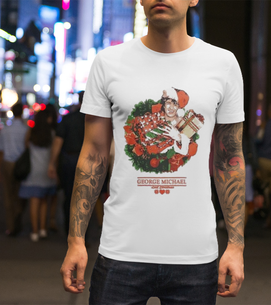 GEORGE MICHAEL LAST CHRISTMAS SANTA HAT WREATH T-Shirt
