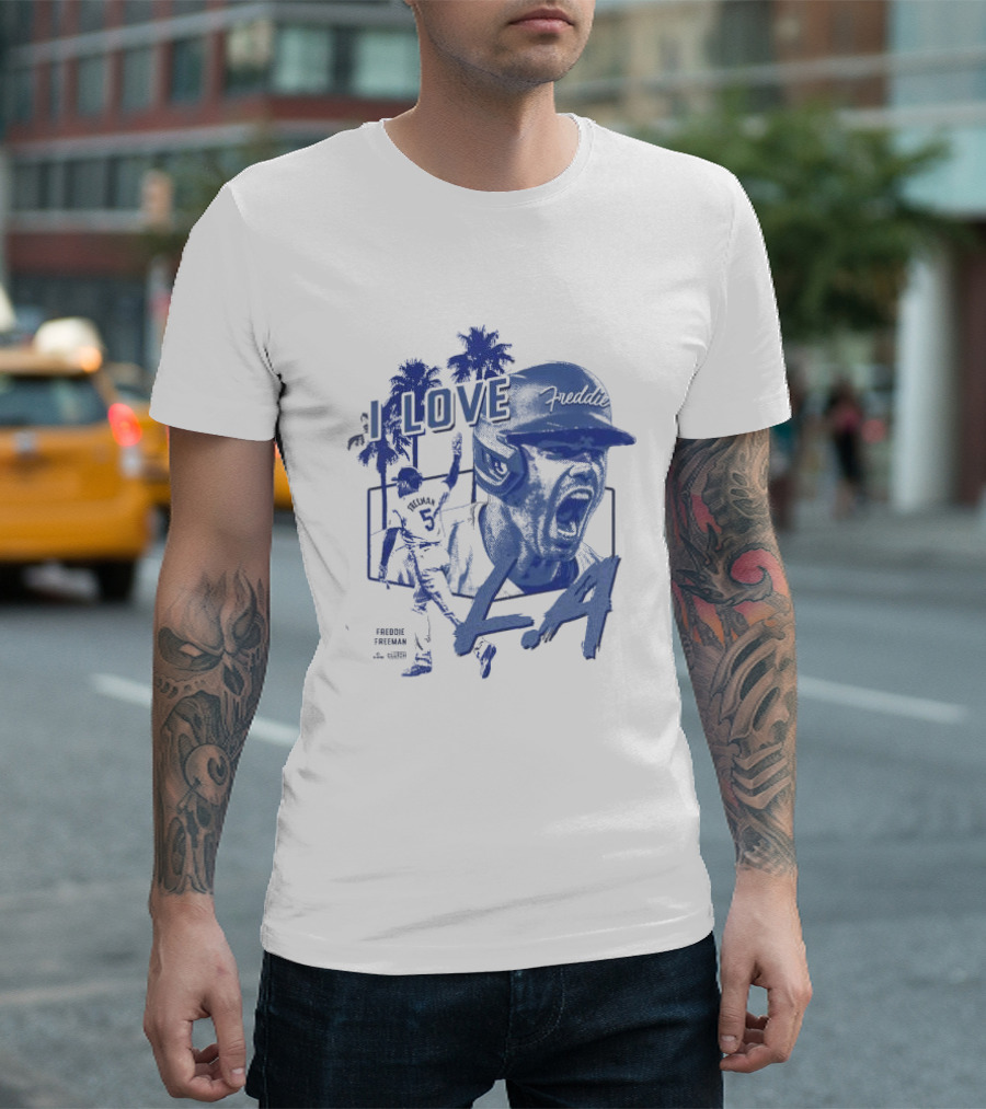I Love LA Freddie Freeman Baseball Player Palm Trees Dodger Blue T-Shirt