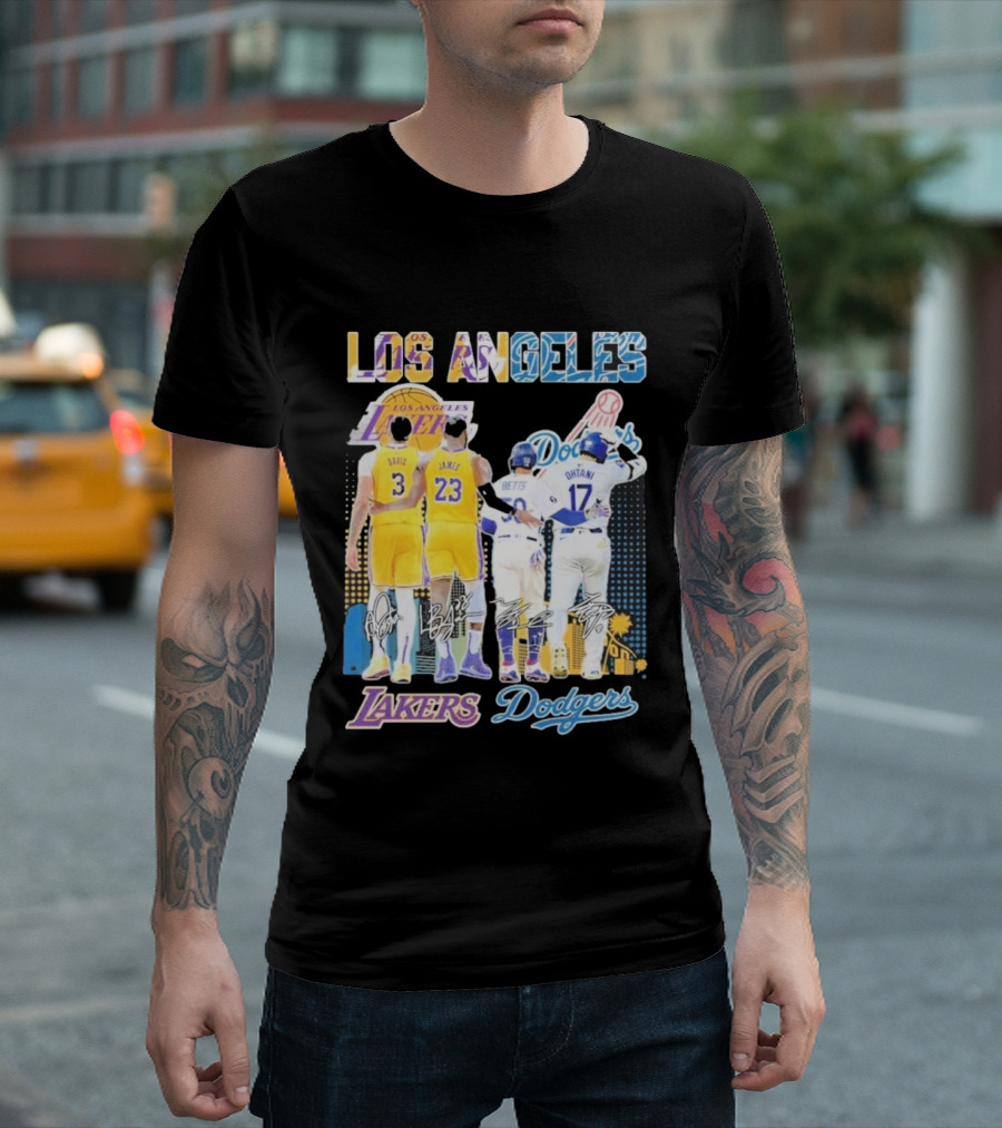 Los Angeles Lakers Dodgers LeBron James Anthony Davis Mookie Betts Freddie Freeman Signatures T-Shirt