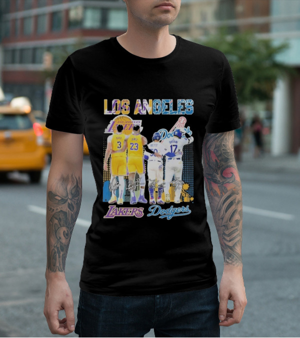 Los Angeles Lakers Dodgers LeBron James Anthony Davis Mookie Betts Freddie Freeman Signatures T-Shirt