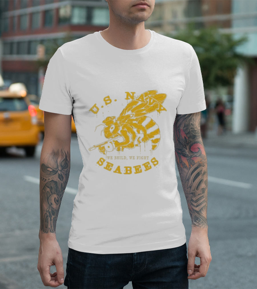 U.S. Navy Seabees We Build We Fight Vintage Bee with Tool T-Shirt
