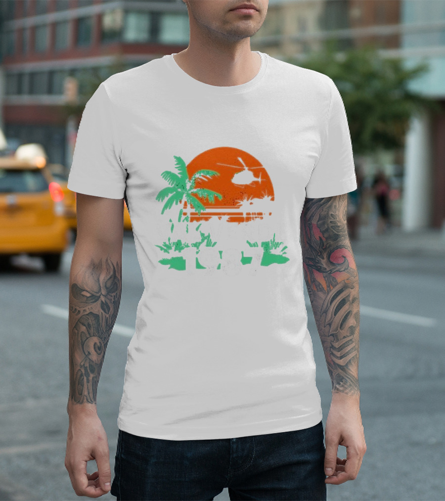 Val Verde 1987 Sunset Palm Trees Helicopter Scene T-Shirt