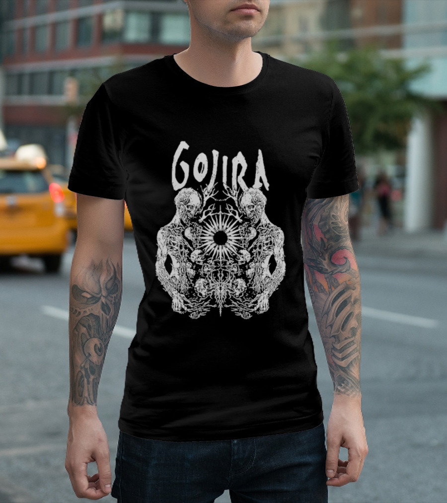 GOJIRA Twin Skull Symmetry with Skeletal Figures and Central Orb T-Shirt