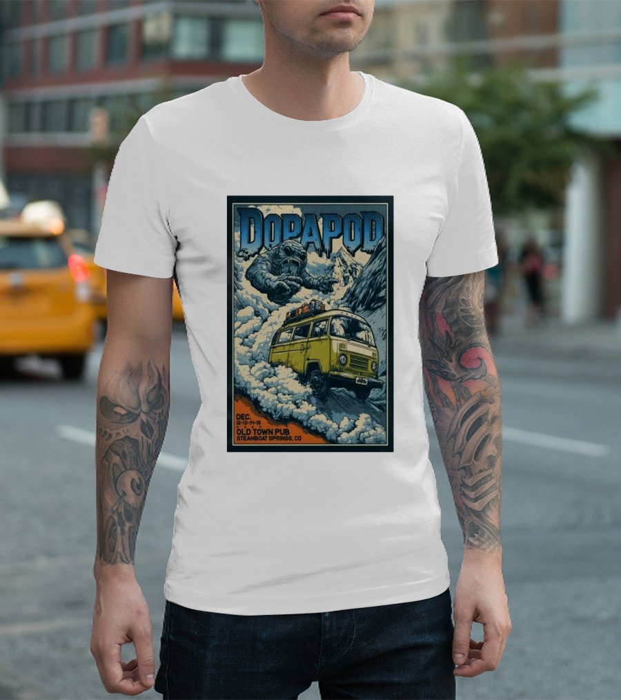 Dopapod Dec 12-13-14-15 2024 Old Town Pub Steamboat Springs CO Mountain Yeti Yellow Bus Adventure T-Shirt