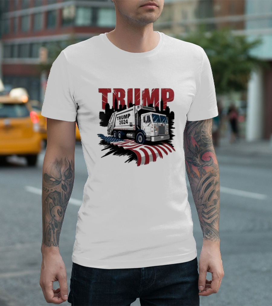 Trump 2024 Garbage Truck with American Flag Skyline Background T-Shirt