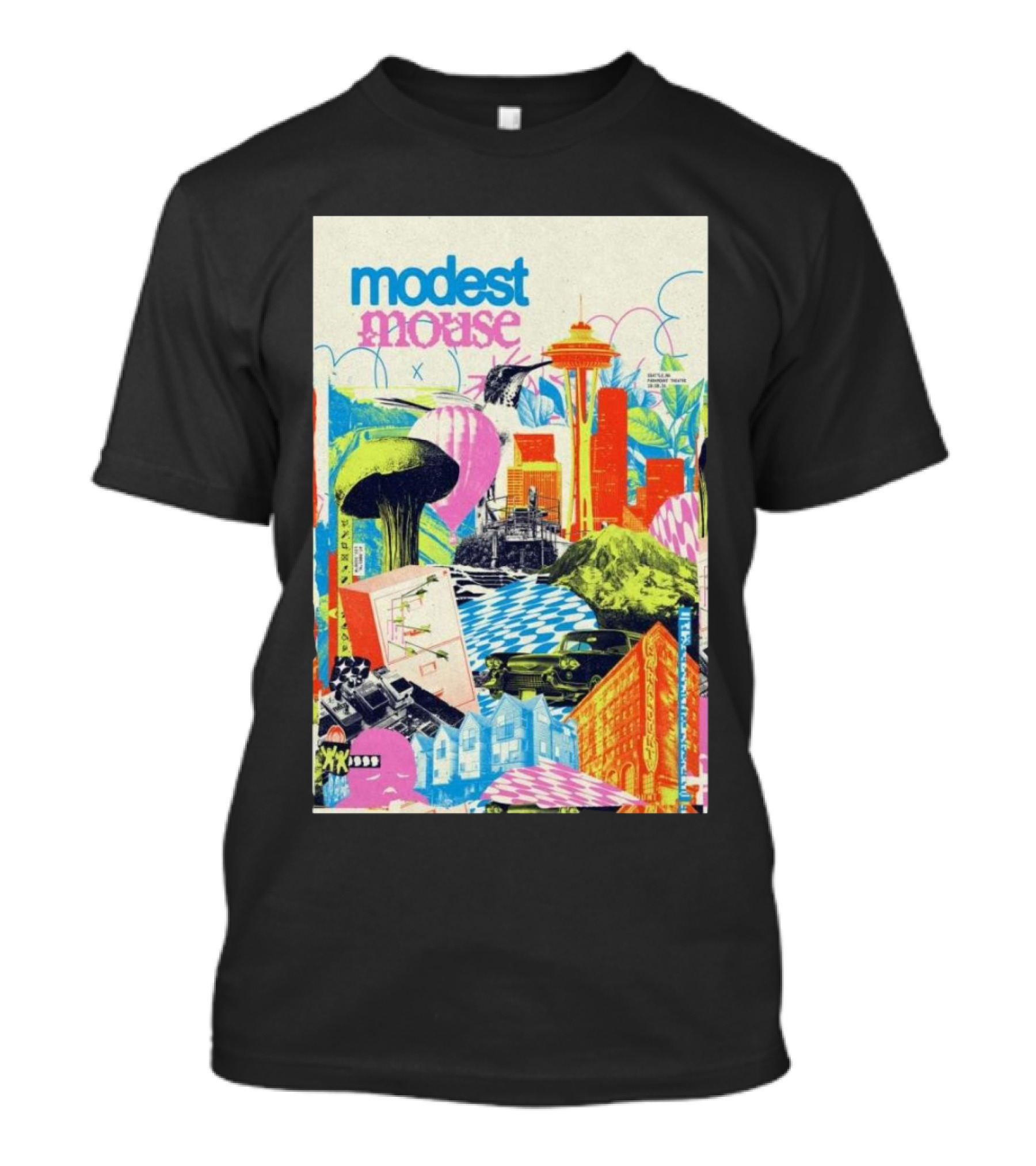 Modest Mouse Seattle WA 2024 Space Needle Colorful Collage T-Shirt