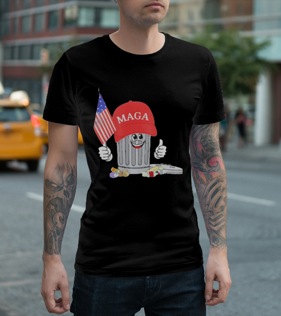 Funny Trump MAGA Hat Mascot Holding American Flag Near Garbage Can T-Shirt