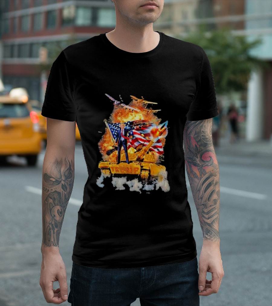 Donald Trump Epic Battle On Tank With Explosions And American Flags T-Shirt
