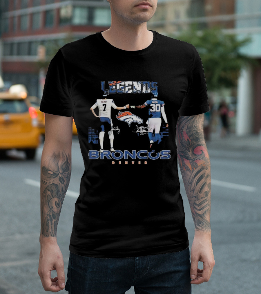 Denver Broncos Legends Elway Davis Signature Football Duo T-Shirt