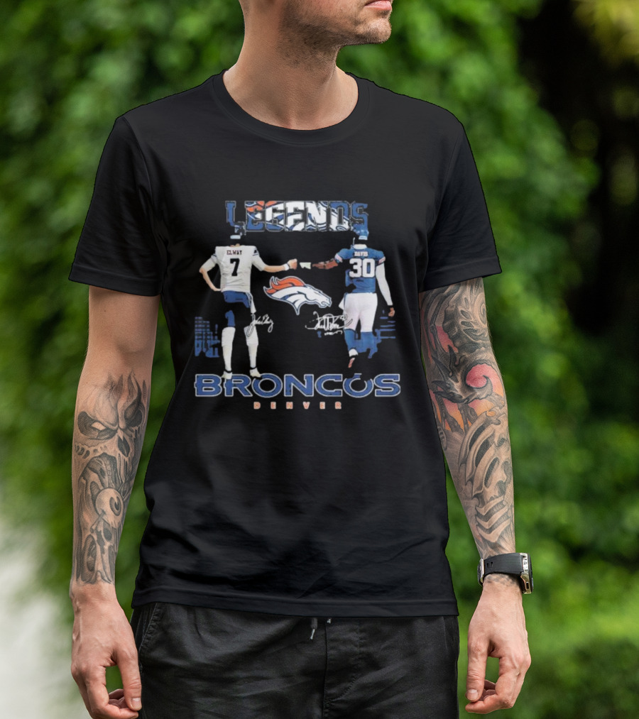 Denver Broncos Legends Elway Davis Signature Football Duo T-Shirt