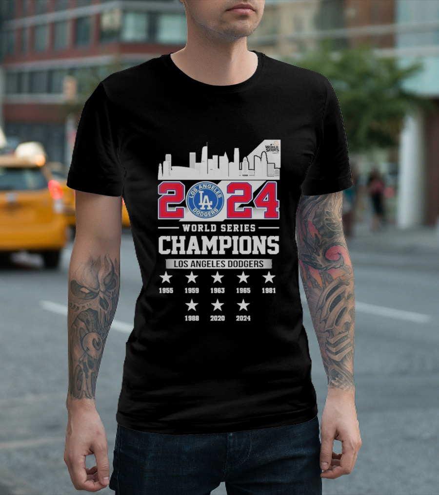 Los Angeles Dodgers 2024 World Series Champions Skyline And Historic Wins T-Shirt