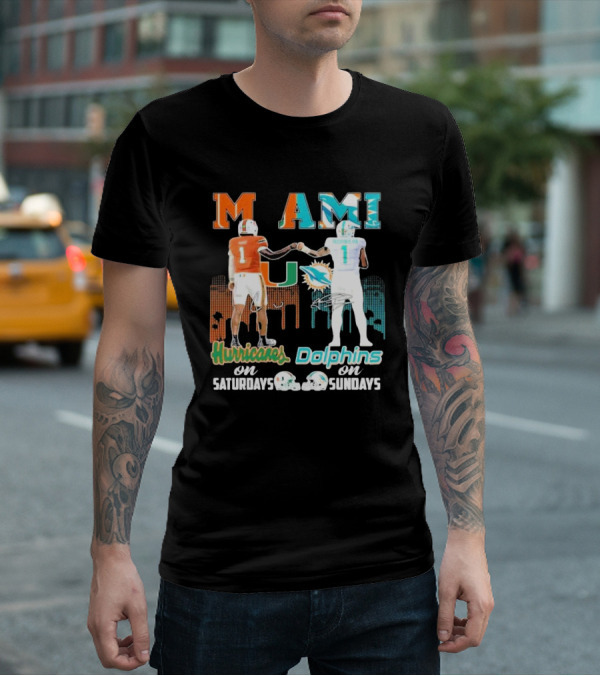 Miami Hurricanes On Saturdays Dolphins On Sundays T-Shirt