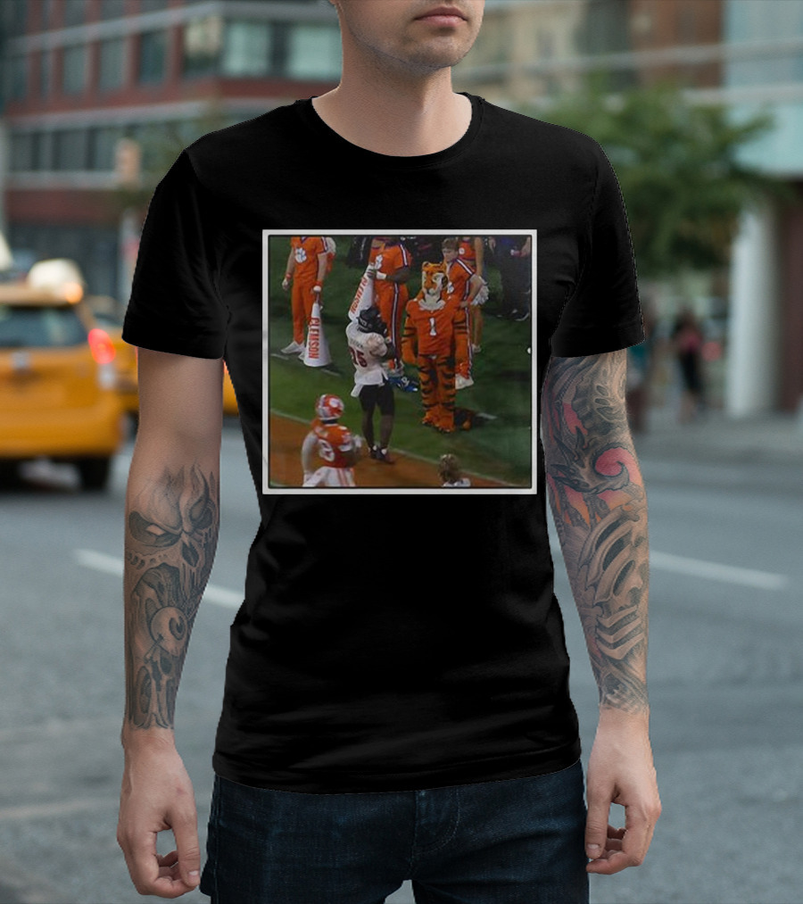 Clemson Tigers Mascot and Louisville Cardinals Player on Sideline T-Shirt